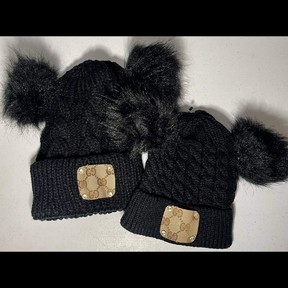 Mommy & Me Double Pom Pom Luxury Beanie Set
